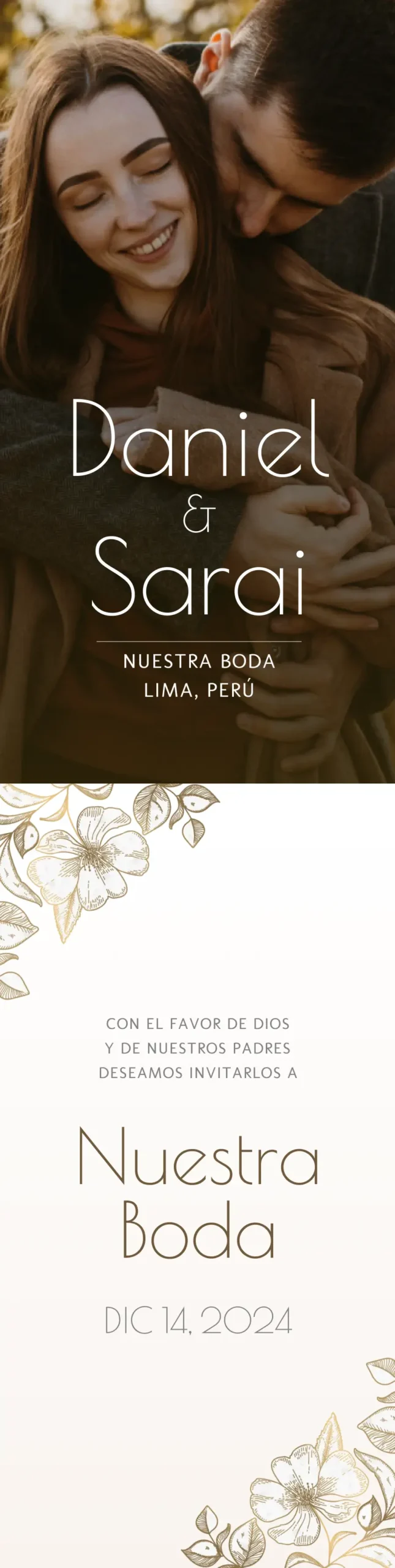 Imagen del banner con el nombre de los novios, y una foto, abajo se muestra el titulo del Evento Nuestra Boda y la fecha del evento. Todo en tonos marrones y dorados con flores decorativas.