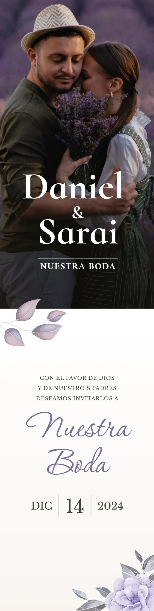 Imagen del banner con el nombre de los novios, y una foto, abajo se muestra el titulo del Evento Nuestra Boda y la fecha del evento. Todo en tonos lavanda y flores decorativas.