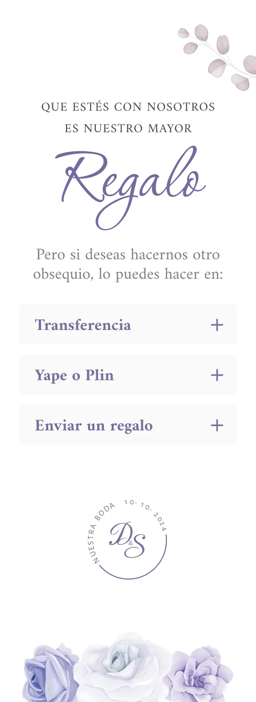 Sección de Regalos de una invitación web donde se muestra el titulo Regalo y las opciones para hacer llegar el regalo; transferencia bancaria, y los datos respectivos; Yape o Pin, y sus datos y por último Regalo físico y sus datos.