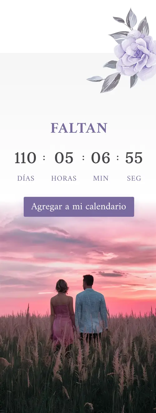 Sección de Save the Date de una invitación web donde se muestra el contador hacia atras para la fecha del evento, el boton de Agregar al calendario y una foto de los novios de fondo, además tiene decoraciones florales.